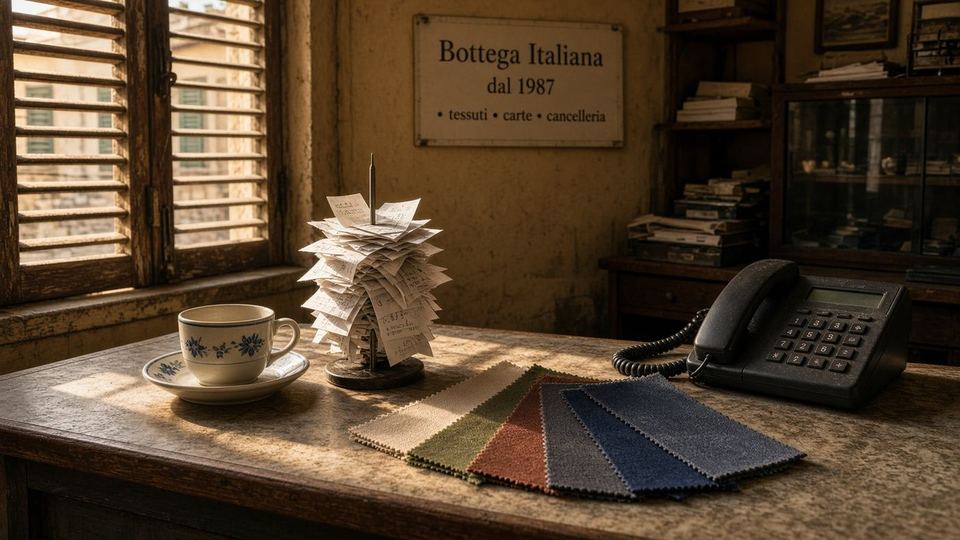 Bancone di bottega: scontrini, tessuto, telefono.