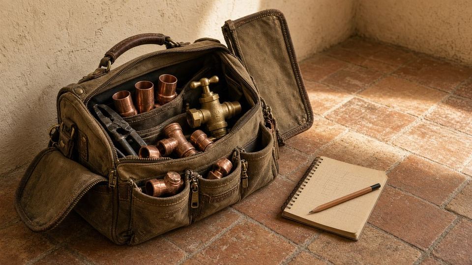 Borsa da idraulico, raccordi di rame, quaderno.