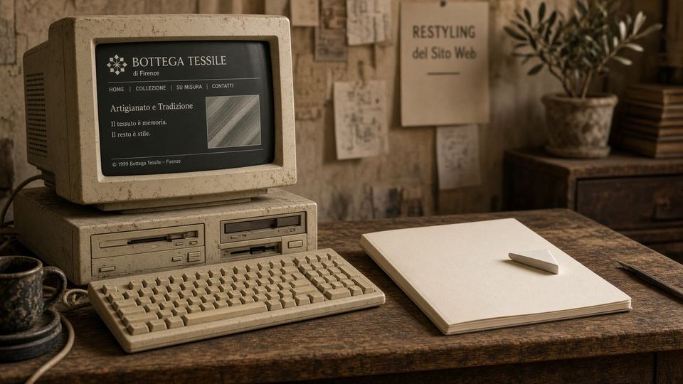 Computer vecchio e taccuino nuovo sul banco.